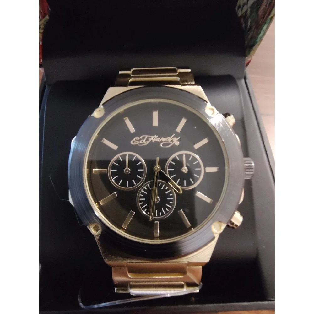 Ed Hardy Mens Gold Tone Chronograph Watch Black Dial Stainless Steel Bracelet